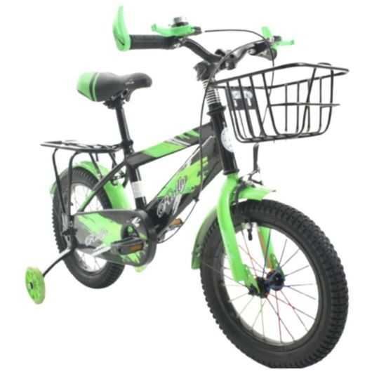 صورة دراجة رالي أطفال رياضية الشكل بلون أخضر وأسود مقاس 12,14